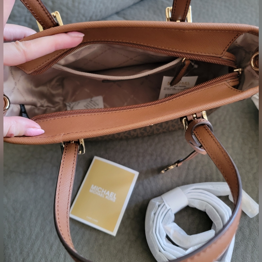 Michael Kors Jet Set Travel Extra-Small Logo Top-Zip Tote Bag in Brown - Picture 9 of 16